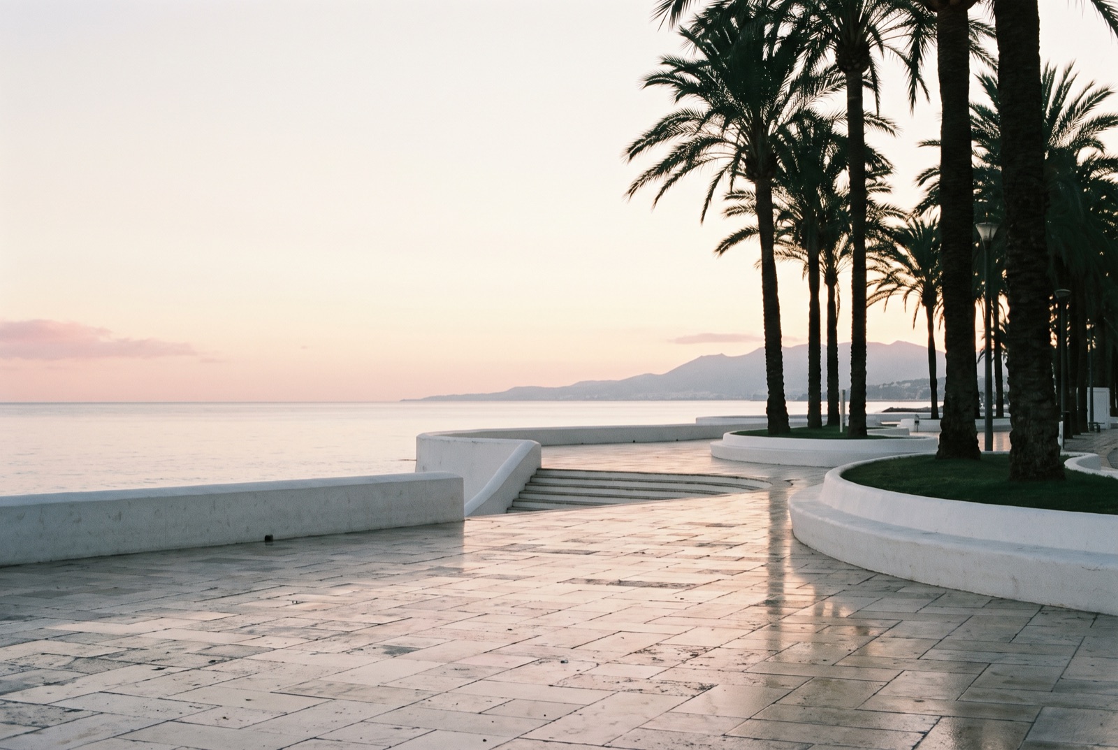 El paseo marítimo de Marbella al amanecer, vacío, con las palmeras a contraluz