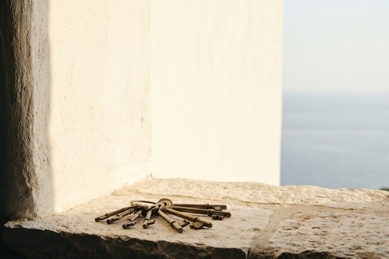 A set of brass keys on a marble windowsill, backlit, in warm light