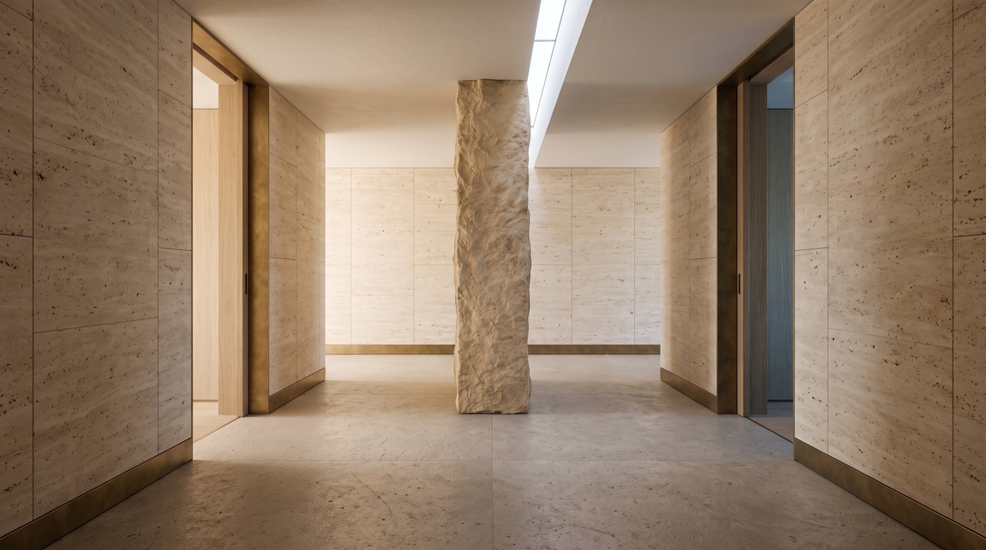 Corredor arquitectónico minimalista de piedra caliza que se bifurca en dos direcciones perfectamente equilibradas, con luz cenital mediterránea.