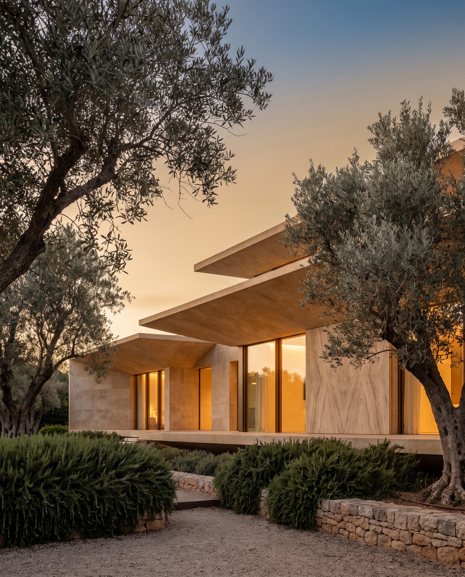 Villa mediterránea contemporánea de piedra caliza al atardecer, con las luces interiores encendidas entre olivos, sin personas a la vista.