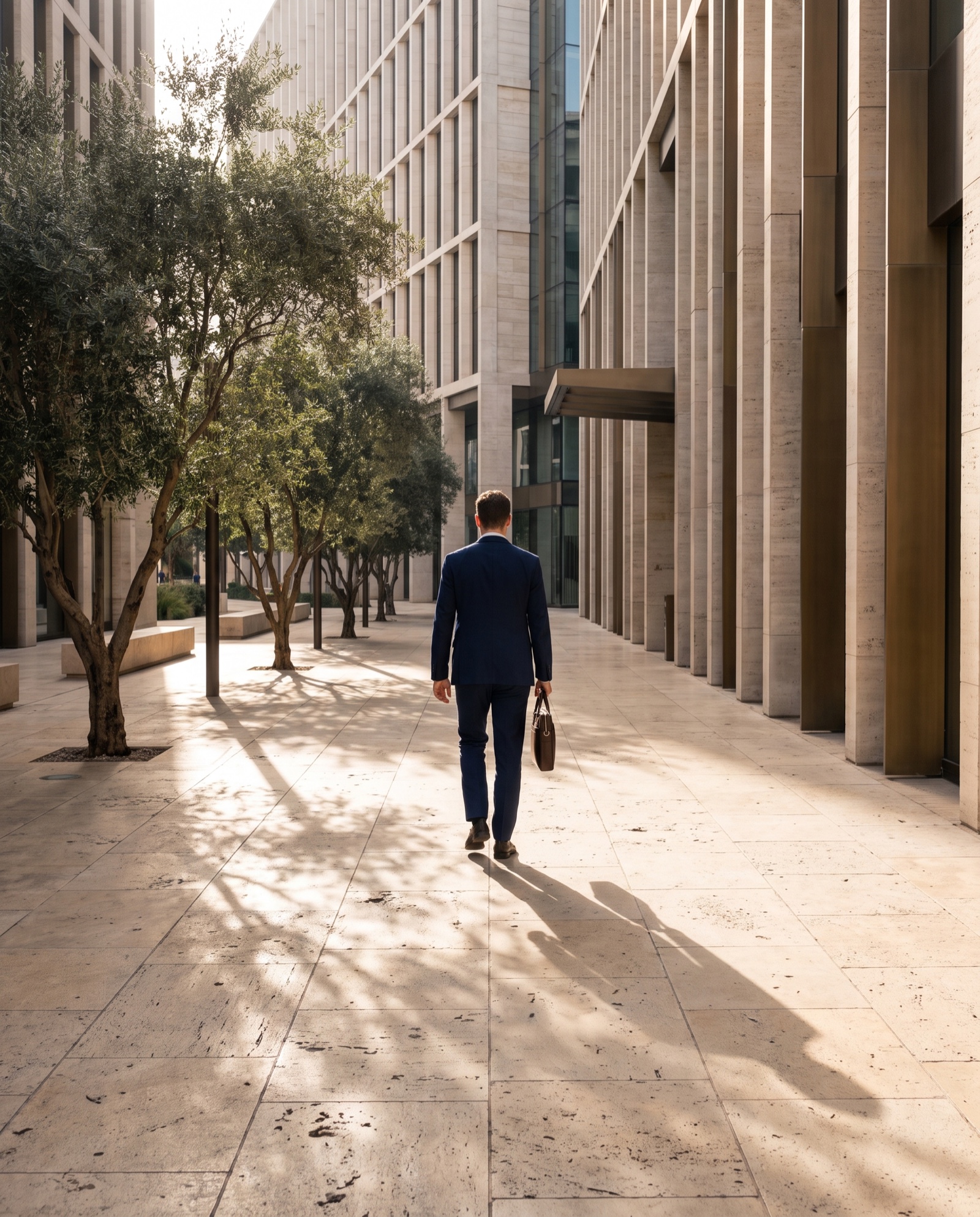 Un directivo internacional camina de espaldas por un distrito de negocios mediterráneo contemporáneo con luz cálida de primera hora, sin que se vea su rostro.