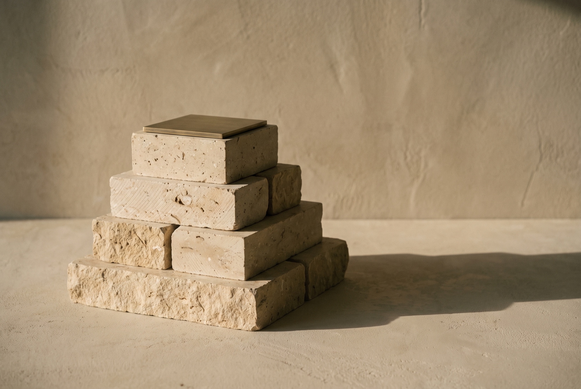 Bodegón de bloques de piedra caliza apilados y alineados con precisión sobre un fondo de yeso beige, bajo luz cálida rasante.